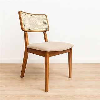 Cadeira de Jantar Madeira Maciça Estofada em Linho Bege Claro Encosto Rattan - Lilia