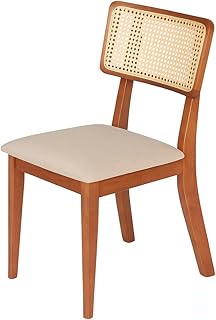 Cadeira de Jantar Madeira Maciça Estofada em Linho Bege Claro Encosto Rattan