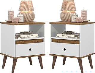 Conjunto 2 mesa de cabeceira retrô pés palitos 1 gaveta luxo -TED- Branco/Nature