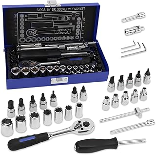 Conjunto de 33 Peças, Kit Ferramentas, Maleta de Ferramentas, Jogo de Soquete, Chave Catraca
