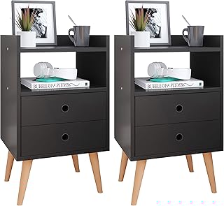 Conjunto Mesa de Cabeceira Kit Mesinha Canto Quarto Lateral Cama 2 Gavetas Organizadoras Retrô Quarto - Dream RPM (PRETO)