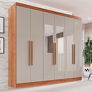 Guarda-roupa Casal com Espelho 6 Portas 2 Gavetas França Cinamomo/Off-White