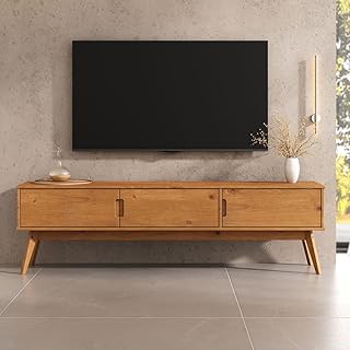 IDIMEX Rack Para Sala TV 75 Polegadas Pés Madeira 3 Portas 180 cm Freijó Tivoli Moderno