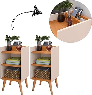 Kit 2 Mesas de Cabeceira Compacta com Pés Retrô Max - Off White/Cinamomo