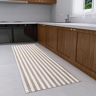 Tapete Passadeira de Cozinha Antiderrapante 2,00m x 0,45m Artesanal 100% Algodão Cru Natural Decoração Minimalista Listras Bege Caramelo para Quarto Banheiro